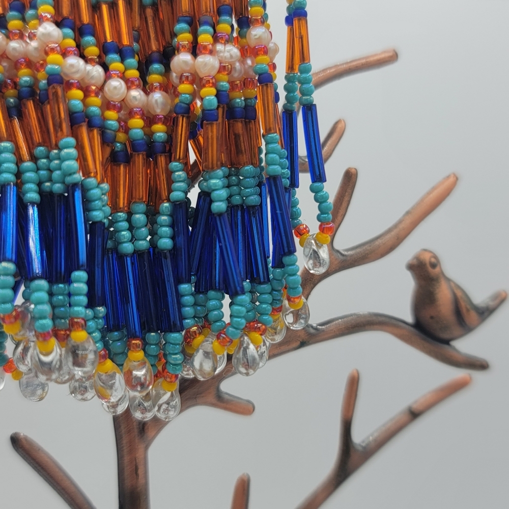 Artisan Beaded Crescent Fringe Brooch Glass Bead Statement Orange Blue Turquoise - Picture 4 of 13